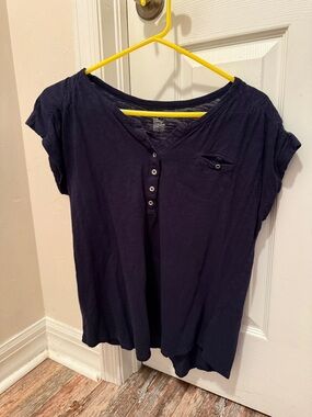GAP Navy Short-Sleeve Henley Tee with elastic noted on shoulder area